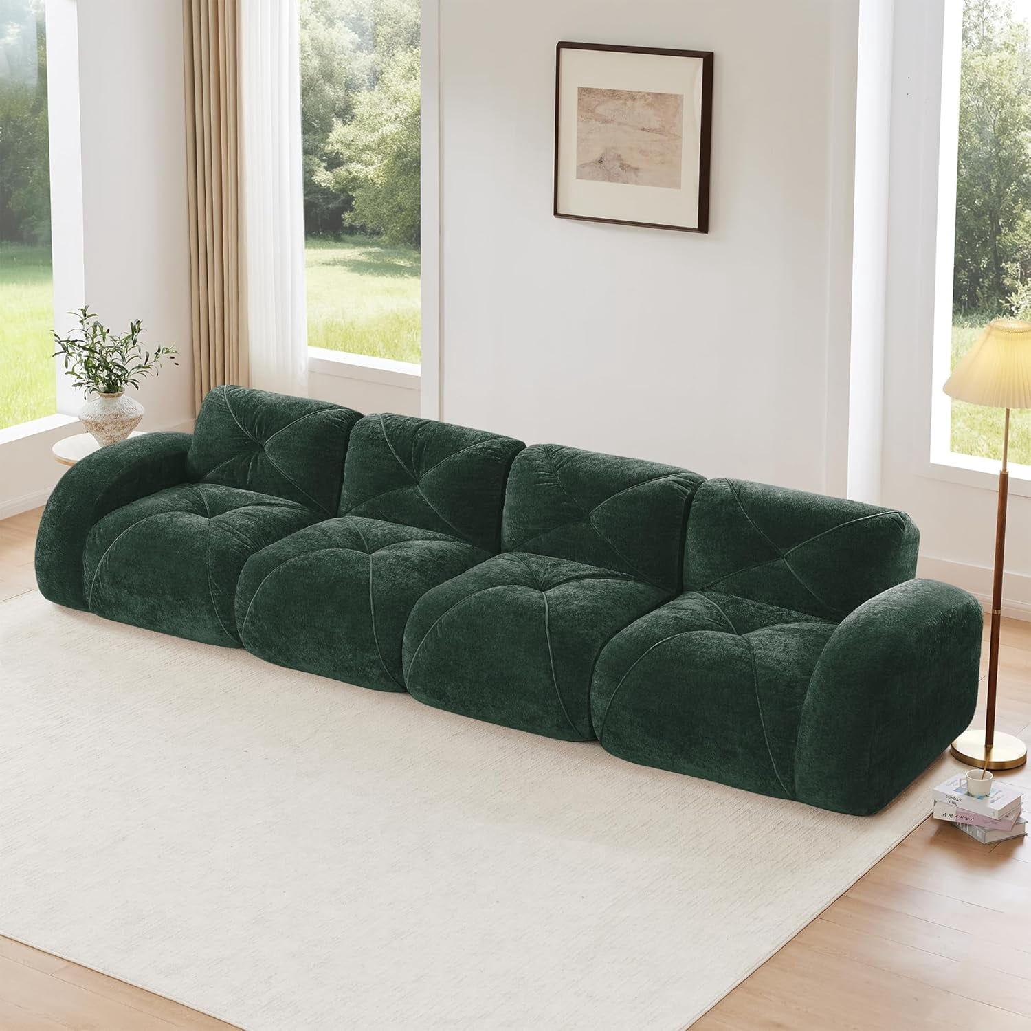 140.9'' Plush Comfy Cloud Couch in Velvet Fabric, Boneless Couch Loveseat for Small Spaces, Green