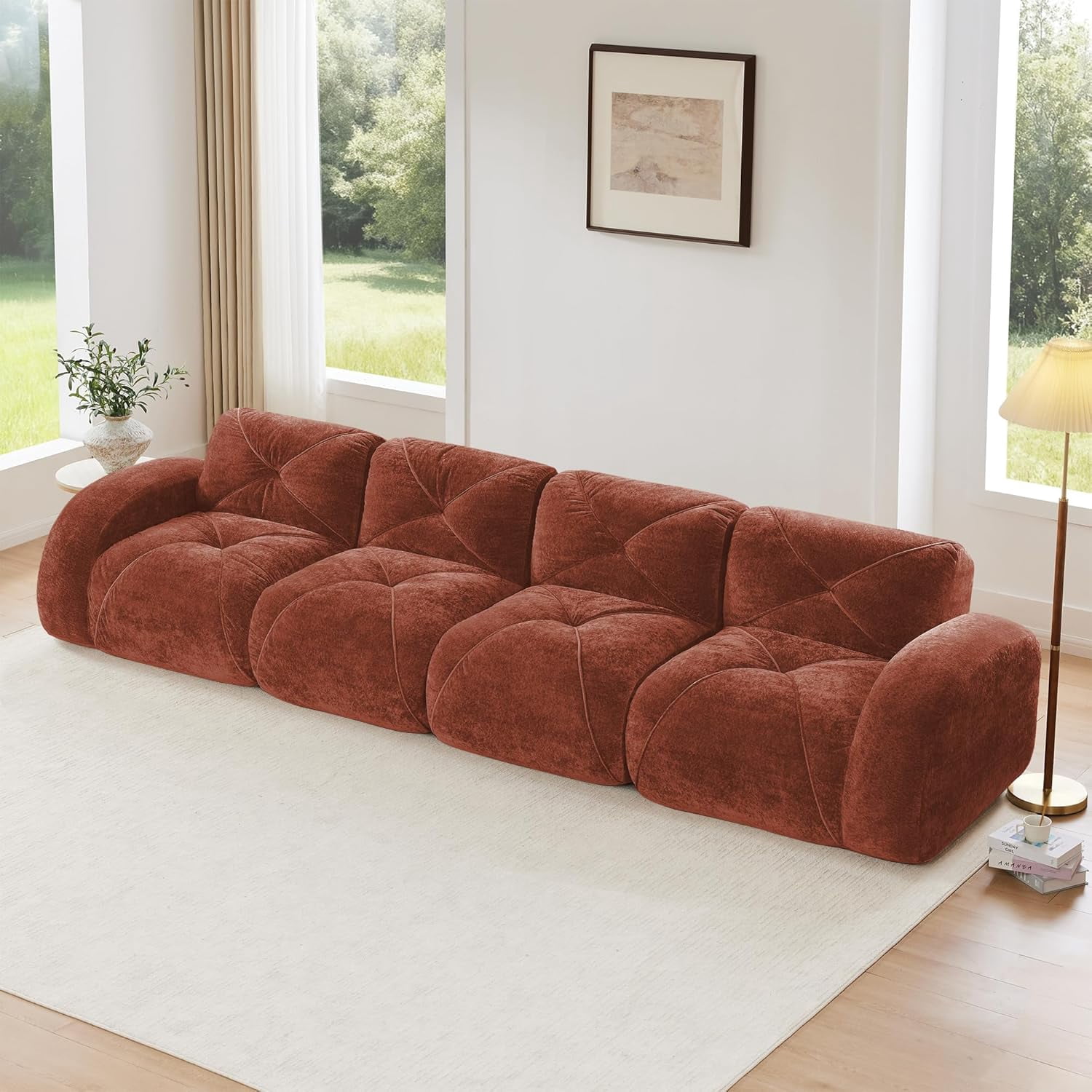 140.9'' Plush Comfy Cloud Couch in Velvet Fabric, Boneless Couch Loveseat for Small Spaces, Red