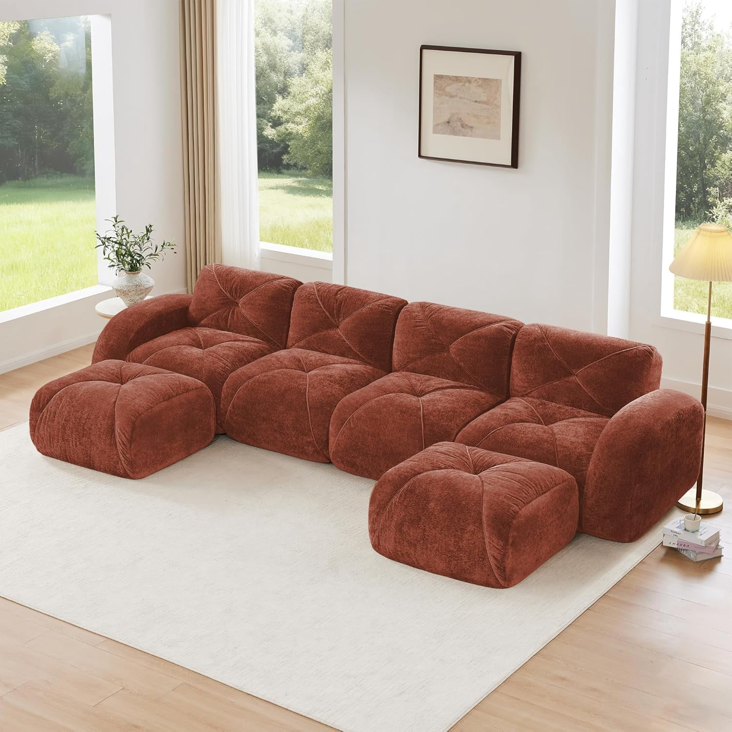 140.9'' Plush Comfy Cloud Couch in Velvet Fabric, Boneless Couch Loveseat for Small Spaces, Red