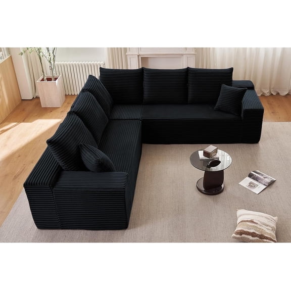 LUCKHAO 110" V-Shaped Cloud Sectional, 4-Seater Modular Sofa with 8 Pillows, Plush Corduroy Deep Seat Couch, No Assembly Required