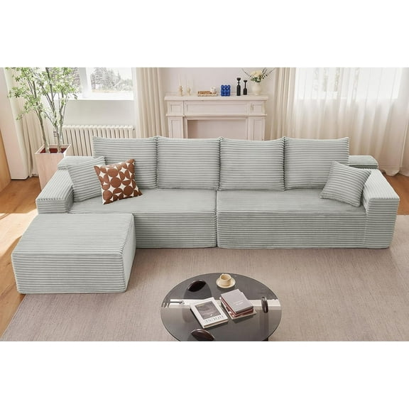 LUCKHAO 140" Modular Cloud Sofa with Ottoman, L-Shaped Sectional with 6 Pillows, 4-Seater Corduroy Deep Seat Couch, Ready to Use (Grey)
