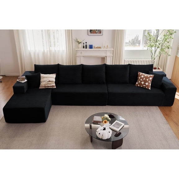 166.9" L-Shaped Cloud Sectional with Left Chaise, 5-Seater Modular Sofa Set with 7 Pillows, Plush Corduroy Deep Seat Couch, No Assembly Required