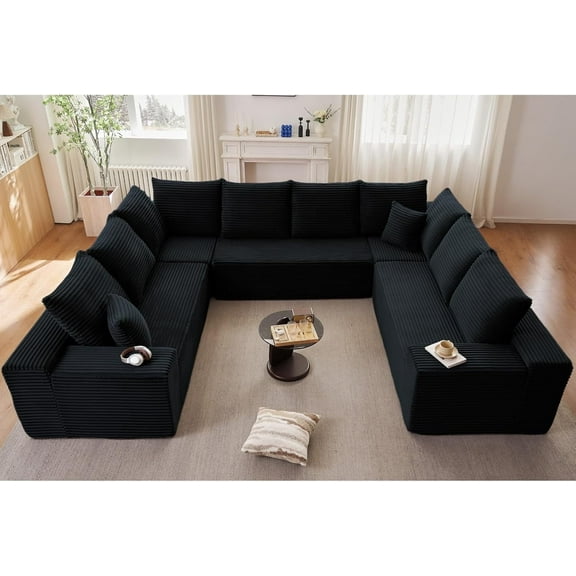 140" U-Shaped Modular Sofa, Cloud Comfort Sectional with 12 Pillows, 6-Seater Corduroy Deep Seat Couch, Ready to Use