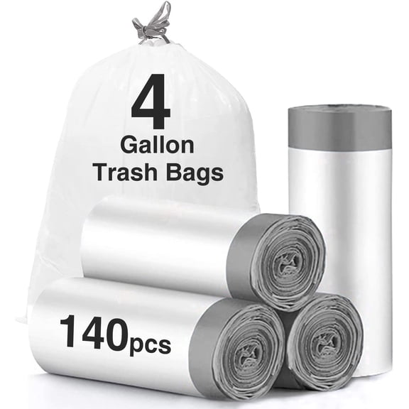 (140 Count) Charmount Drawstring 4 Gallon Trash Bags, Small Trash Bags, (15 Liter)(Grey drawstring), Unscented Trash Can Liner