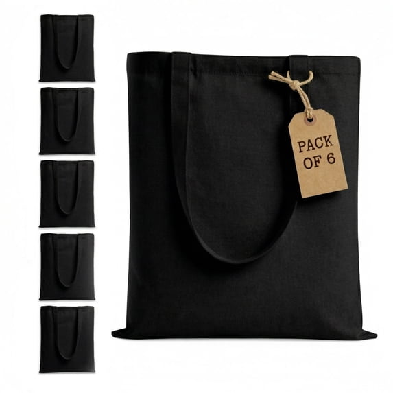 Top Cotton Pack of 6 – 100% Cotton Reusable Tote Bags – Bulk Grocery, Shopping, DIY, Beach & Gift Use (Black)