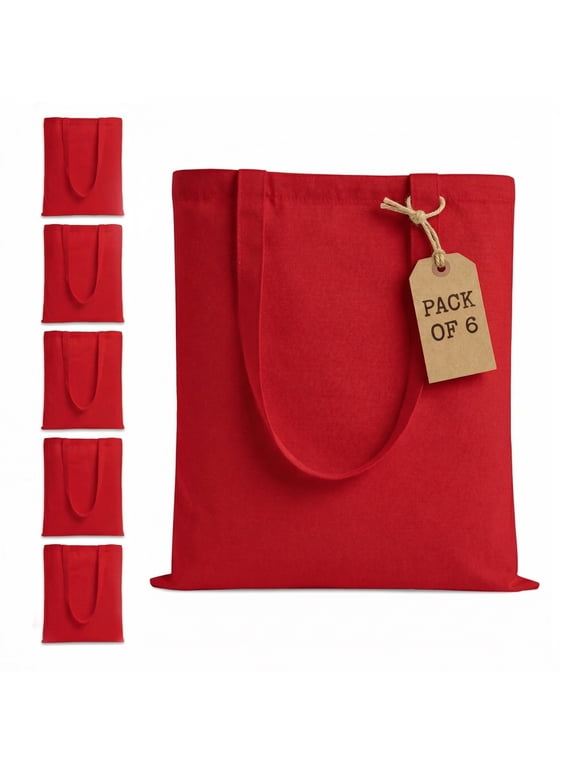 Pack of 6 – 100% Cotton Reusable Tote Bags – Bulk Grocery, Shopping, DIY, Beach & Gift Use (Red)