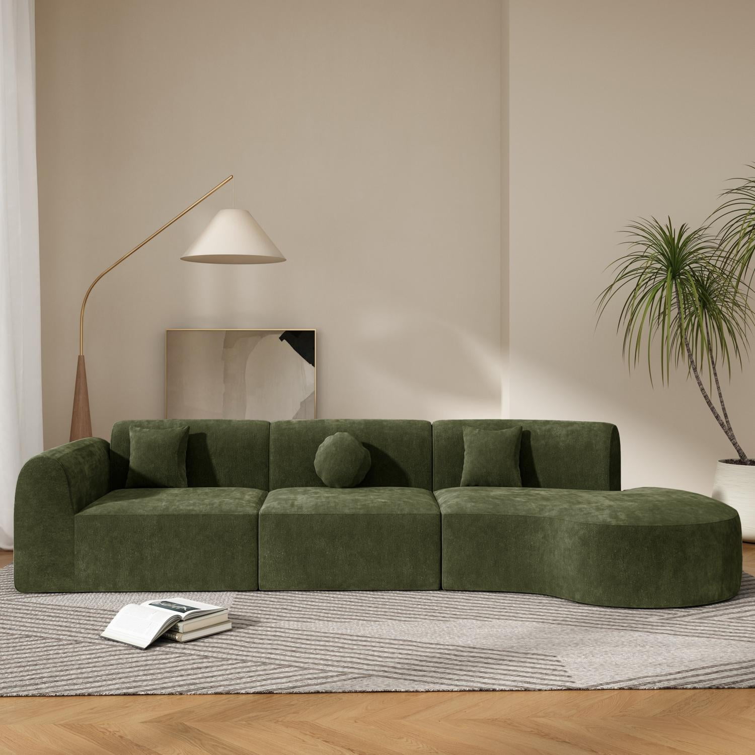 140-Inch Modern Curved Sectional Sofa with High-Density Compressed Sponge and Chaise Lounge, 3-Piece Couch Set Fully Assembled for Living Room, Green