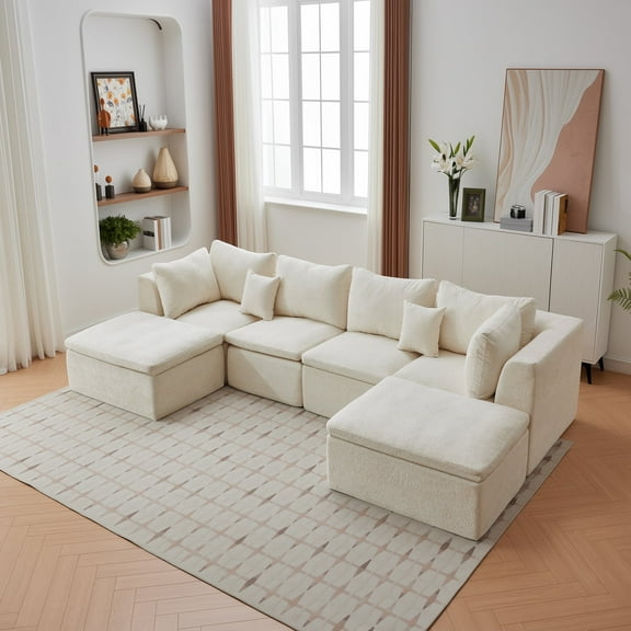 140 Inch U Shape Sectional Modular Sofa Bed Convertible Sleeper Deep Seat Chenille No Assembly