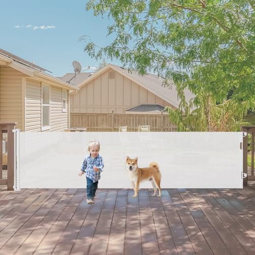 140 Inch Wide Retractable Baby Gates Retractable Dog Gate for Large Openings, Extra Wide Baby Gates for Dogs Indoor Retractable Gate Outdoor Pet Gate, Mesh Gates for Kids or Pets Dog Fence, White