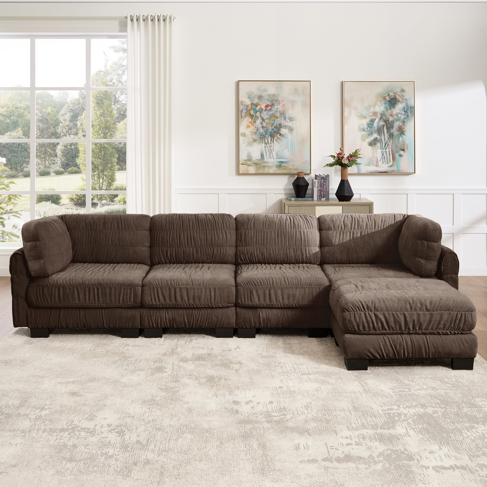 140" L Shape 4 Seat Chenille Modular Sectional Sofa with Ottoman and L Shape Back Cushions,Easy Assembly