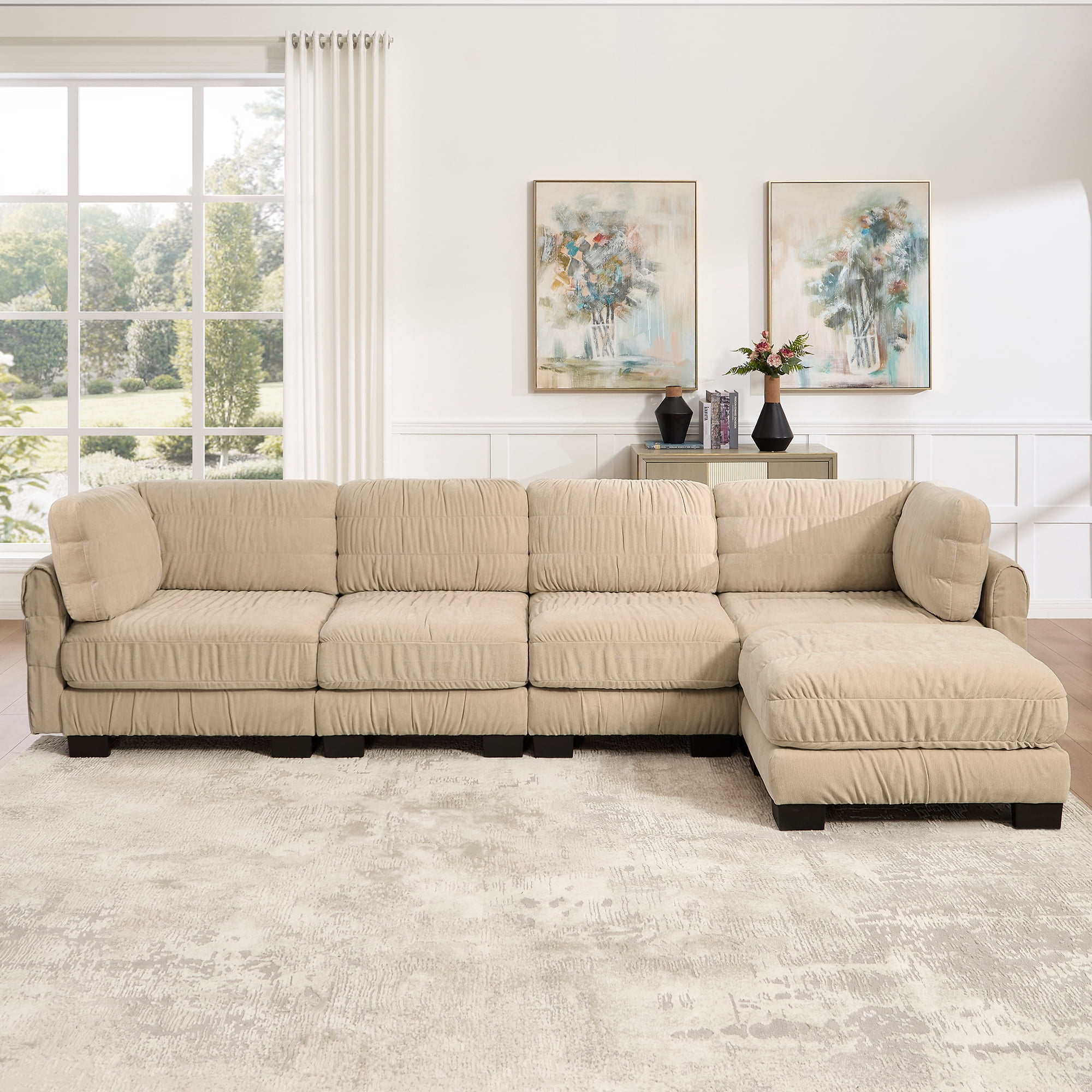 140" L Shape 4 Seat Chenille Modular Sectional Sofa with Ottoman and L Shape Back Cushions,Easy Assembly