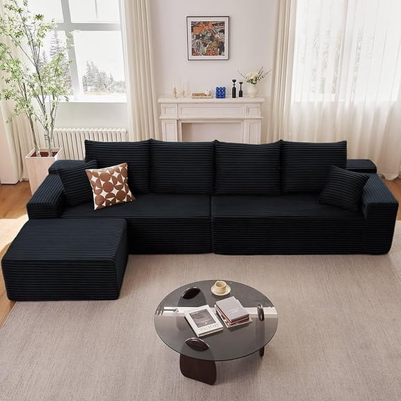 140" L-Shaped Modular Sofa, Plush Corduroy Cloud Couch, Deep Seat 4-Piece Sectional, Ready-to-Use Living Room Furniture(Black)