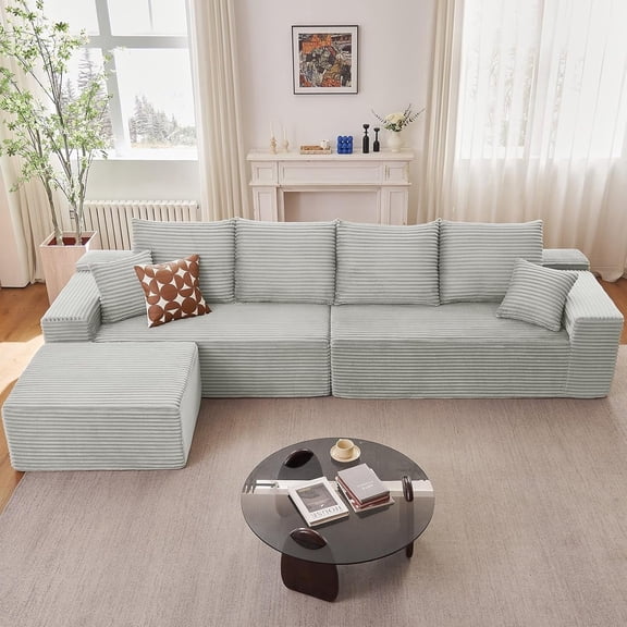 140" L-Shaped Modular Sofa, Plush Corduroy Cloud Couch, Deep Seat 4-Piece Sectional, Ready-to-Use Living Room Furniture(Gray)