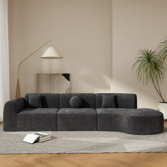140" Modern Curved Sectional Sofa with High-Density Fully Compressed Sponge and Chaise Lounge, 3-Piece Set, Fully Assembled Right Hand Facing, Perfect for Living Room, Lounge, Dark Gray
