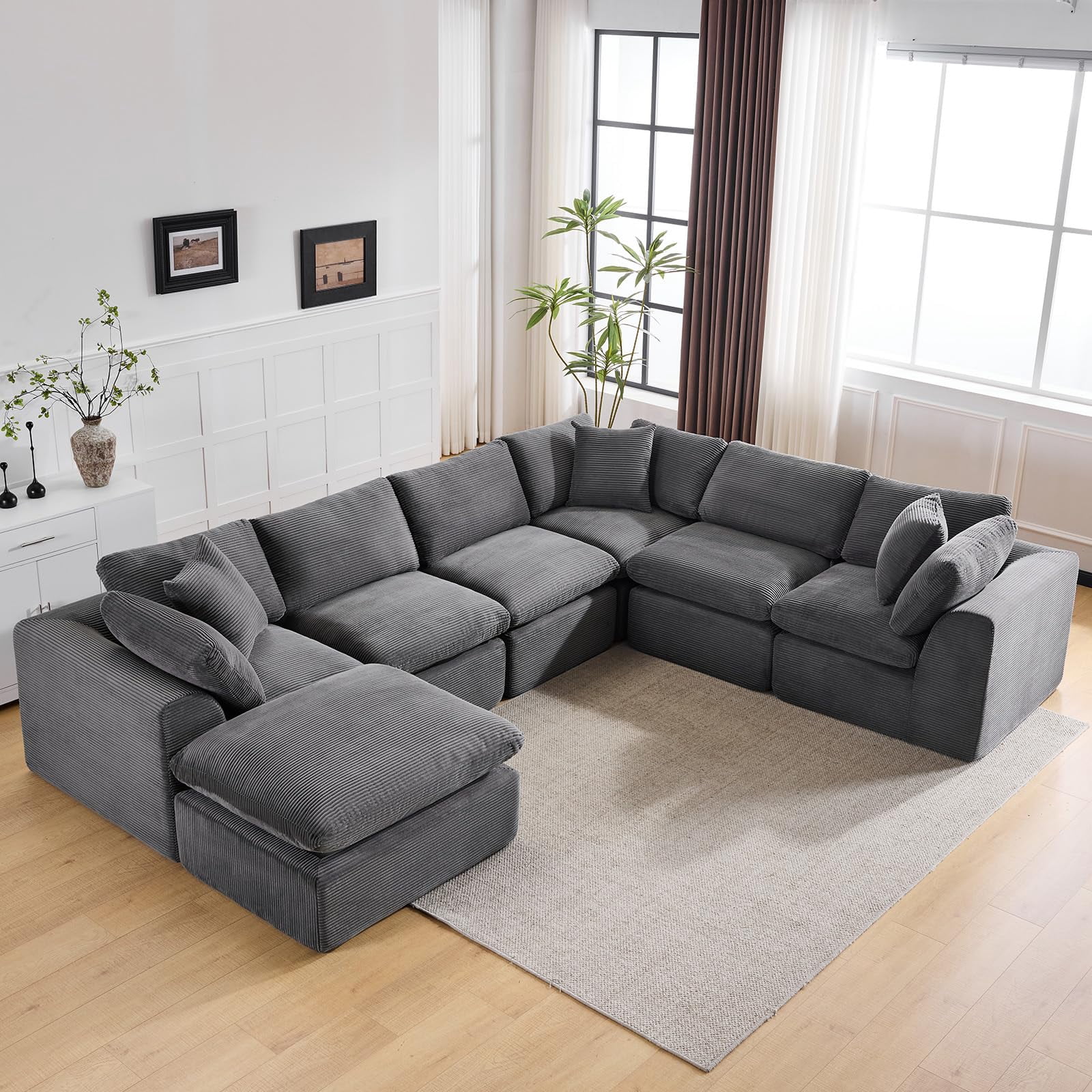 140" Modular 7 Seater Boneless Sofa Sectional Cloud Couches Sofa with Ottoman,No Assembly Required