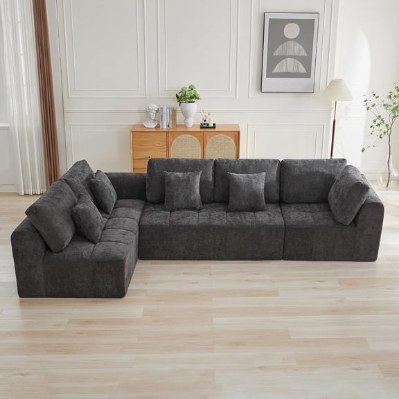 140''Modular Sectional Couches for Living Room, Cloud Boneless Compressed Sectional Sofa, Oversized L Shaped 5 Seater Upholstered Memory Foam Sofa, No Assembly, Chenille Gray