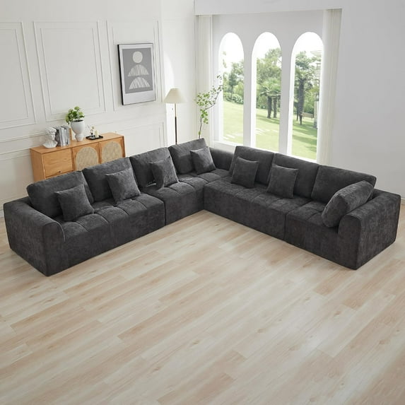 140''Modular Sectional Couches for Living Room, Cloud Boneless Compressed Sectional Sofa, Oversized L Shaped 7 Seater Upholstered Memory Foam Sofa, No Assembly, Chenille Gray
