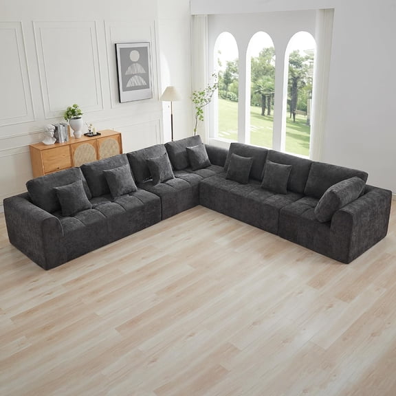 140''Modular Sectional Couches for Living Room, Cloud Boneless Compressed Sectional Sofa, Oversized L Shaped 7 Seater Upholstered Memory Foam Sofa, No Assembly, Chenille Gray