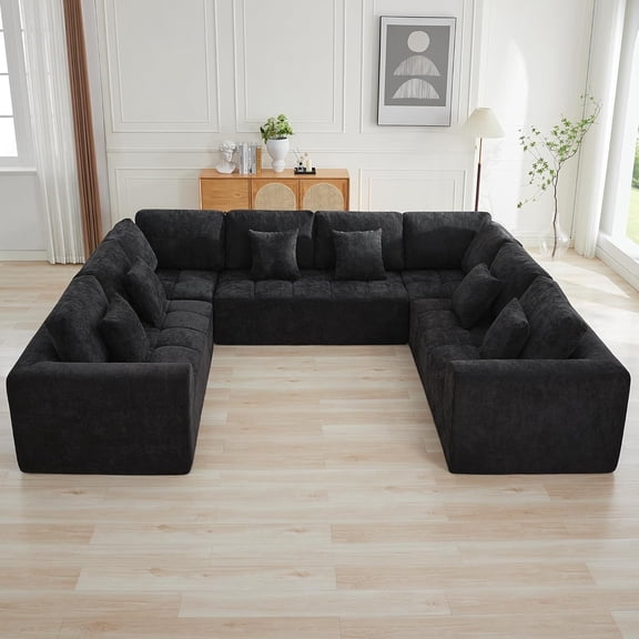 140''Modular Sectional Couches for Living Room, Cloud Boneless Compressed Sectional Sofa, Oversized U Shaped 8 Seater Upholstered Memory Foam Sofa, No Assembly, Chenille Black