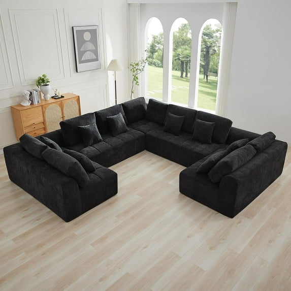 140''Modular Sectional Couches for Living Room, Cloud Boneless Compressed Sectional Sofa, Oversized U Shaped 9 Seater Upholstered Memory Foam Sofa, No Assembly, Chenille Black