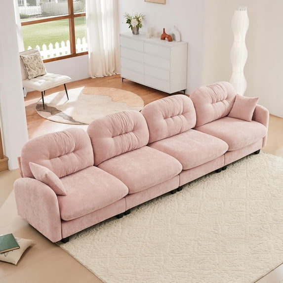 140" Oversized Chenille Modular Sectional Sofa with High-Density Foam Cushion and Tufted Pleated Cushion Backrest, Upholstered Modern 4-Seater Cloud Couch with 2 Pillow, for Living Room, Pink