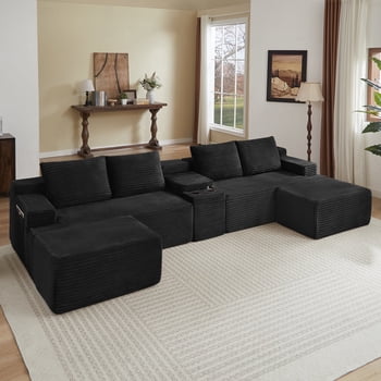 140" Oversized Modern Cloud Couch, Modular Sectional Sofa, U Shape Couches Deep Seat with Cupholders and Storage, Corduroy Boneless Couches for Living Room, No Assembly Required, Black