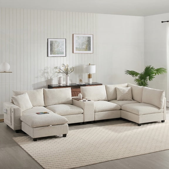 140'' Oversized Modular Corduroy Sofa | Movable Storage | USB Charger