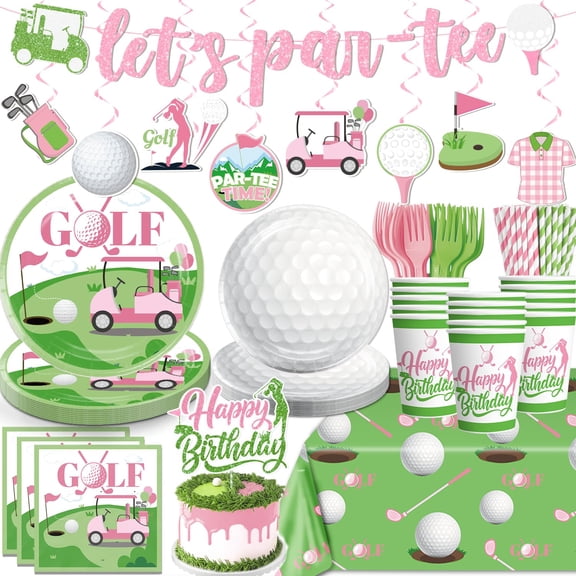 140 PCS Golf Birthday Decorations Pink Tableware Set, Golf Party Supplies With Banner, Cake Topper, Plates and Napkins, for Golf Themed Birthday Girl/ Women, Service 20 Guests Y101