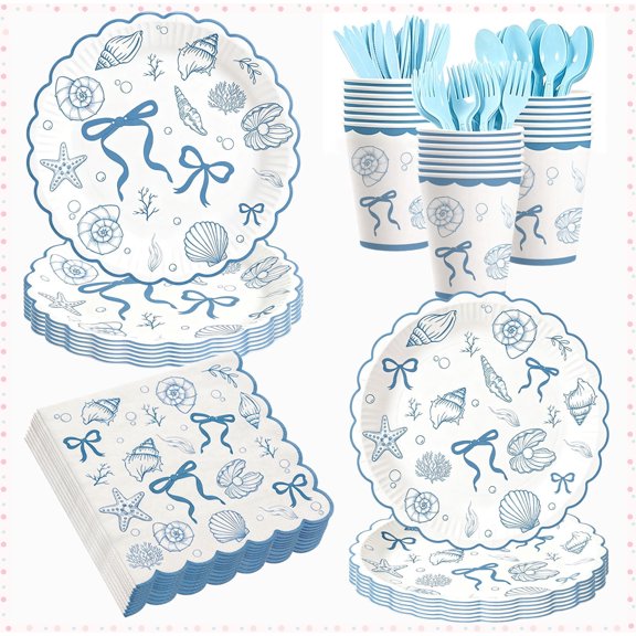140 Pack Seashell Disposable Dinnerware Set, Serves 20 Guests, Paper Plates Napkins Cups Forks Spoons Knives, Summer Beach Birthday Party Table Decorations