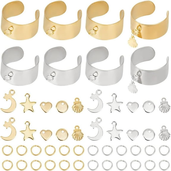 140 Pcs Adjustable Charm Rings Making Kit Including Moon Star & Shell & Heart Charms & Stainless Steel Cuff Finger Ring & Jump Ring Dangle Open Statement Rings for Starters 1box