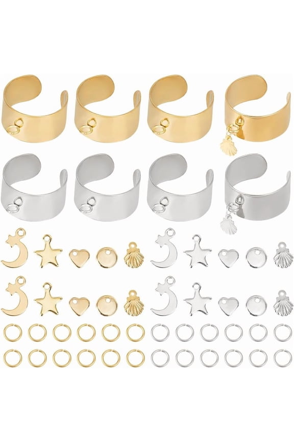 140 Pcs Adjustable Charm Rings Making Kit Including Moon Star Shell Heart Charms Stainless Steel Cuff Finger Ring Jump Ring Dangle Open Statement Rings for Starters Multi-color