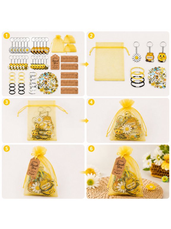 140 Pcs Bee Party Favors Set for Party and Celebration with Bee Keychains Adjustable Bracelets Stickers Thank You Tags and Organza Gift Bags, Cute Bee Party Supplies for Birthday Wedding Event Guests
