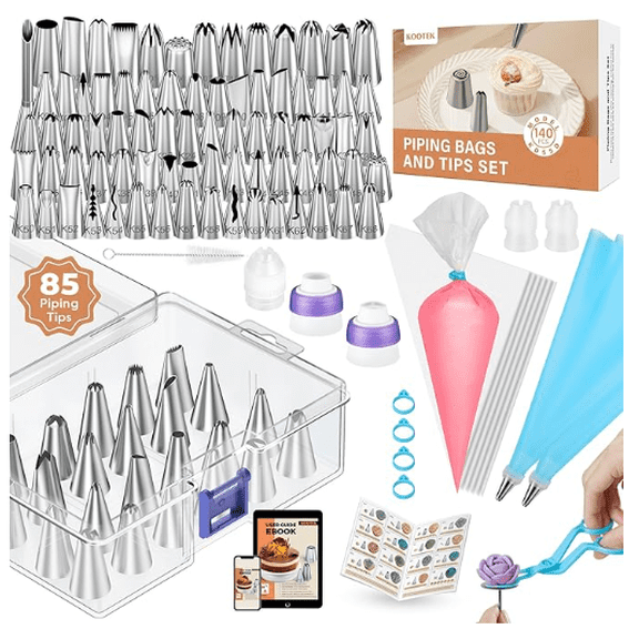 140 Pcs Cake Decorating Kit with Piping Bags and Tips Set, Including 78 Numbered Icing Tips, 7 Russian Tips, Pastry Bags, Couplers, Bag Ties, Storage Case