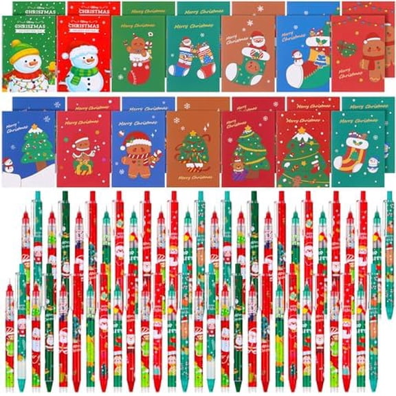 140 Pcs Christmas Gel Ink Pens and Mini Notebook Set Cute Small Notepads Bulk 0.5 mm Kawaii Xmas Ballpoint Pen Note Pads for Christmas Party Office Party Gift$$Office