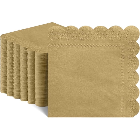 140 Pcs Cocktail Napkins Gold Napkins Disposable Scalloped Dessert Beverage Napkin Gold Party Napkin for Wedding, Birthday, Celebrate, 5 x 5 Inch