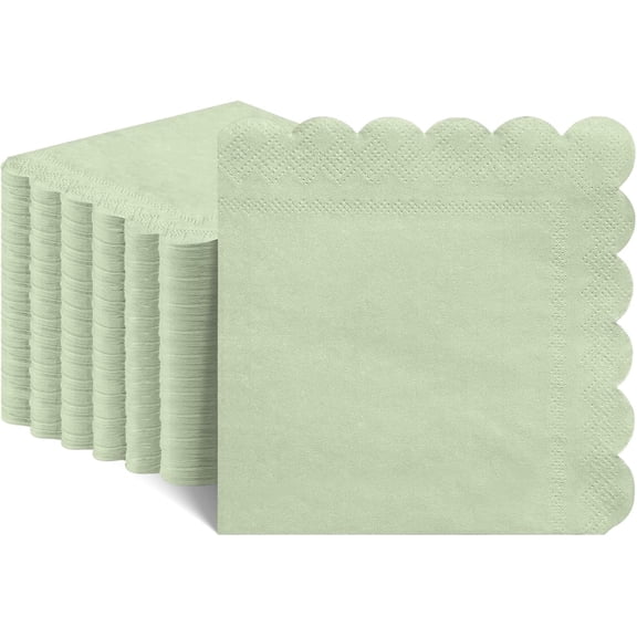 140 Pcs Cocktail Napkins Sage Green Napkins Disposable Dessert Beverage Napkin Scalloped Paper Napkin for Wedding, Bridal Baby Shower, Birthday, 5 x 5 Inch