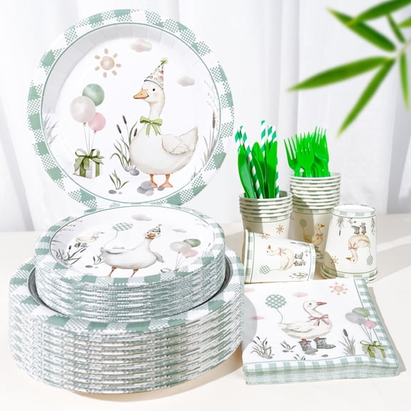 140 Pcs Cute Duck Goose Gingham Theme Birthday Graduation Picnic PARTY plate Napkins For 20 Guests