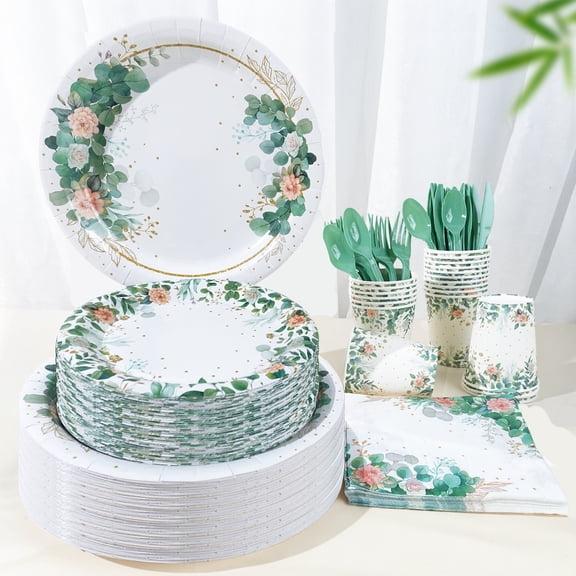 140 Pcs Eucalyptus Floral Theme Graduation Wedding PARTY plate Napkins Supplies For 20 Guests