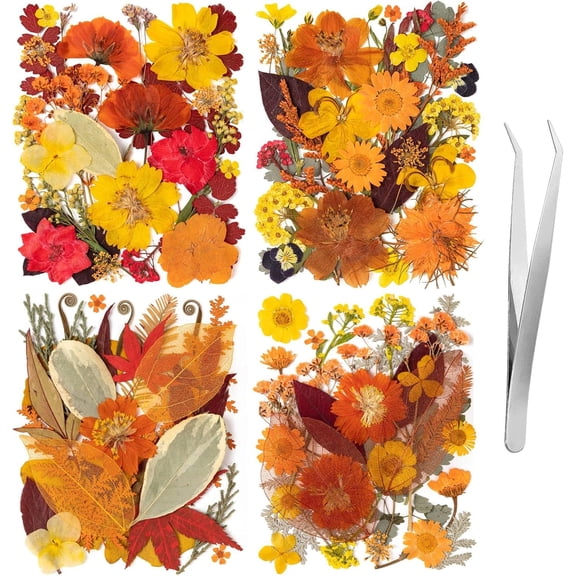140 Pcs Fall Dried Pressed Flowers with Tweezer, Fall Themed Real Dried Flowers Leaves for DIY Crafts Resin Molds, Yellow Orange Dried Flowers for Autumn Halloween Thanksgiving Decorations