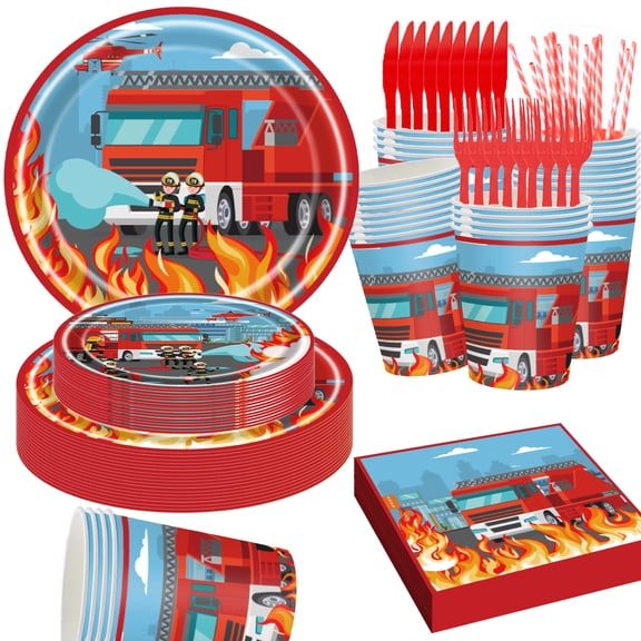 140 Pcs Firetruck Firefighter Theme Birthday Graduation PARTY plate Napkins Supplies For 20 Guests