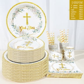 140 Pcs God Bless Theme Floral First Communion Baptism PARTY plate Napkins Supplies For 20 Guests