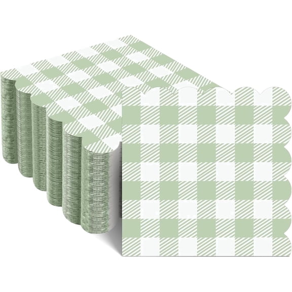 140 Pcs Green Gingham Napkins, Disposable Sage Green Napkin Scalloped Green Baby Shower Cocktail Napkins Paper Plaid Napkin for Picnic, Wedding, Baby & Bridal Shower,5 x 5 inches