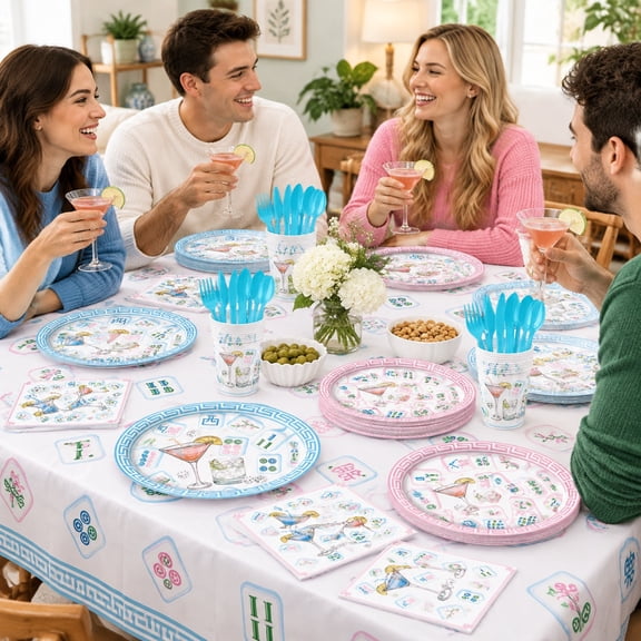 140 Pcs Mahjong Party Supplies, Blue Pink Disposable Plates and Napkins Set for Mahjong Lovers, Festive Tableware for Parties, Birthday, Bridal Shower, Wedding and Game Night