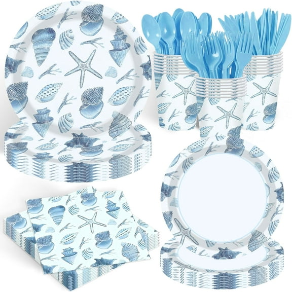 140 Pcs Ocean Seashell Beach Party Decorations Beach Theme Party Supplies Seashell Disposable Plates Paper Plates Napkins Forks for Kids Summer Birthday Baby Shower Serves 20
