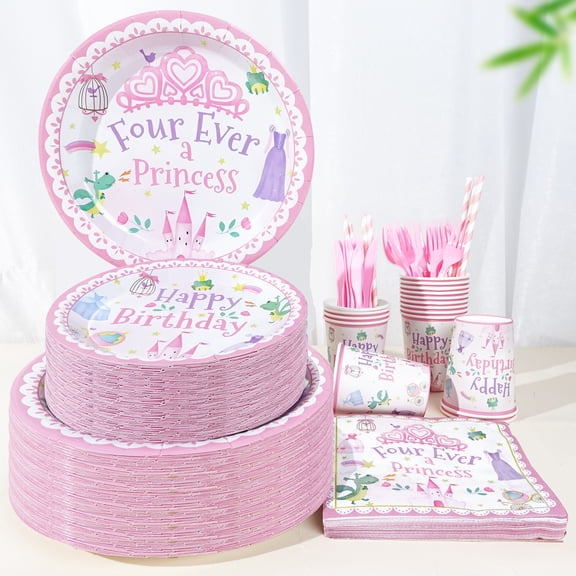 140 Pcs Pink Castle Crown Four Ever Theme Birthday Graduation PARTY plate Napkins For 20 Guests