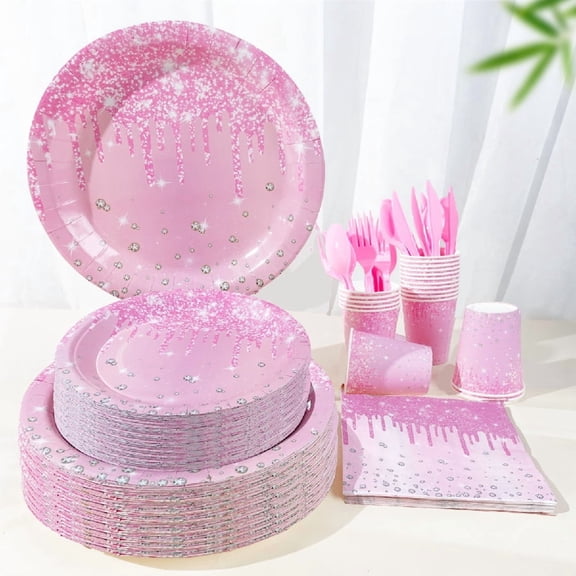 140 Pcs Pink Glitter Diamond Theme Graduation Birthday PARTY plate Napkins Supplies For 20 Guests