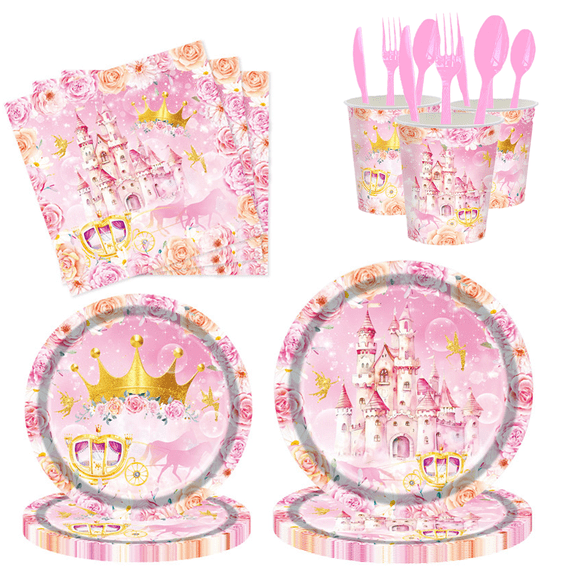 140 Pcs Princess Castle Birthday Party Tableware Set, Watercolor Magical Fairytale Birthday Dinnerware Party Supplies for Girl, Serves 20 Guests