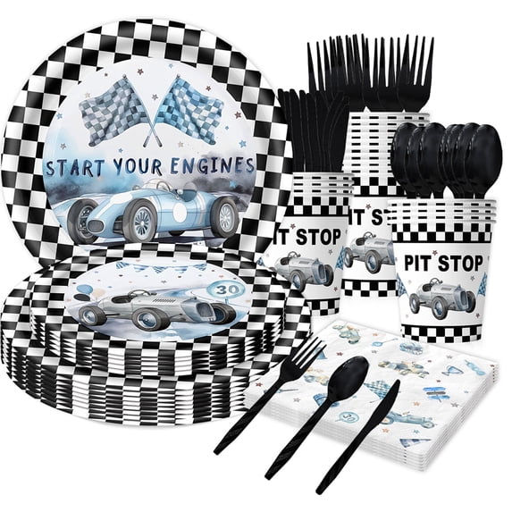 140 Pcs Race Car Birthday Party Decorations, Checked Race Car Theme Plates and Napkins Party Supplies, Racing Sports Disposable Tableware Set, Serve 20 Guests