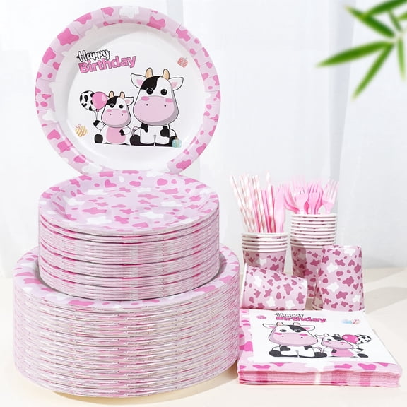 140 Pcs Pink Cow Print Theme Birthday Graduation PARTY plate Napkins Supplies For 20 Guests