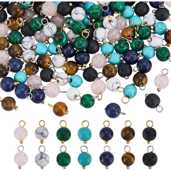 140 Pcs Round Natural Gemstone Pendants 7 Styles 11mm Stone Beads with Loop Charm Pendants for DIY